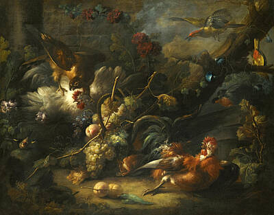 Drechsler Painting - A Forest Floor Still Life With Poultry Attacked By A Hawk by Johann Baptist Drechsler