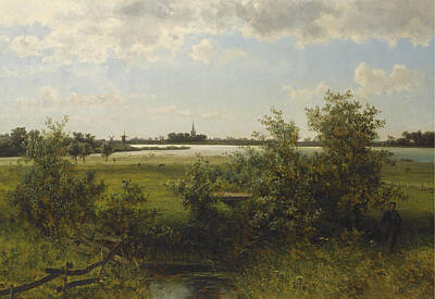  Painting - A Hunter In A Summer Landscape A Town In The Distance by Johannes Joseph Destree
