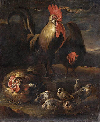 Felice Boselli Painting - A Rooster With Hen And Chicks by Felice Boselli