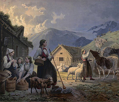 Bergslien Drawing - An Evening At The Hut Of The Cow-herdesses by Knud Bergslien