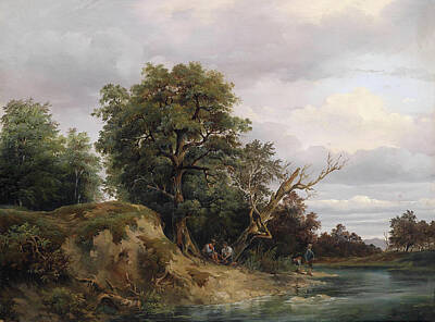 Josef Feid Painting - Anglers At A River by Josef Feid