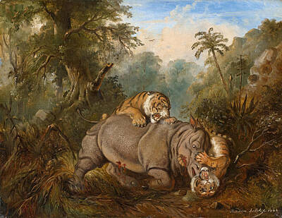 Rhinoceros Painting - Fight Between A Javanese Rhinoceros And Two Tigers by Raden Saleh