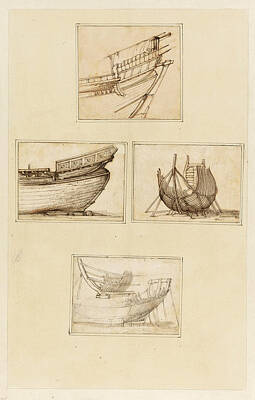  Drawing - Four Studies Of Ships Under Construction by Filippo d'Angeli