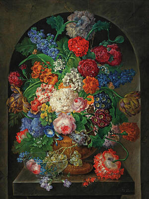 Drechsler Painting - Large Flower Still Life With Butterflies Glass Bowl And Grapes by Johann Baptist Drechsler