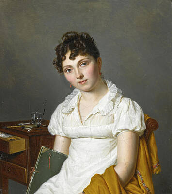 Pierre-louis Bouvier Painting - Portrait Of A Lady Half Length Holding An Artist's Portfolio by Pierre Louis Bouvier