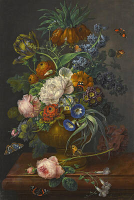 Drechsler Painting - Still Life Of Flowers In An Urn On A Marble Ledge by Johann Baptist Drechsler