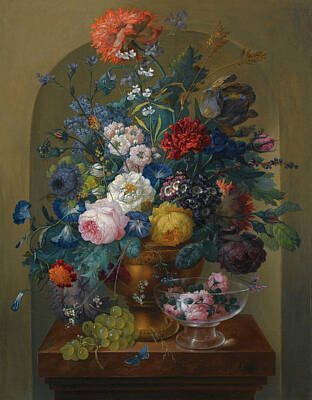 Drechsler Painting - Still Life Of Flowers In An Urn Together With Cut Roses In A Glass by Johann Baptist Drechsler