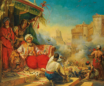 Bergslien Painting - The Slaughter Of The Mamelukes In Cairo In 1811 by Knud Bergslien