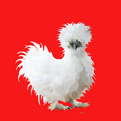 Chicken Art Print on Fine Art Paper by RobiniArt \u2022 Polish or Silkie Chicken over a Photo of Toy Dairy Cows \u2022 Fun Funky Chicken Art!