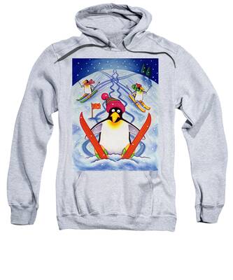 Winter Snow Penguin Ski Skis Disaster Accident Pole Wooly Hat Pom-pom Flag Hooded Sweatshirts