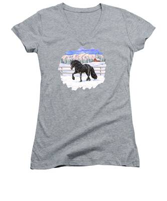Horse In Snow Women's V-Neck T-Shirts