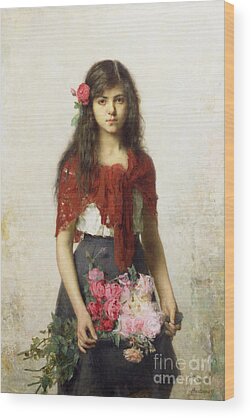 Girl With Flower Bouquet Wood Prints