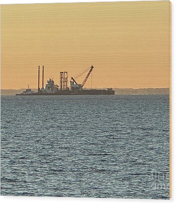 Offshore Barge at Dawn Wood Print by Catherine Wilson