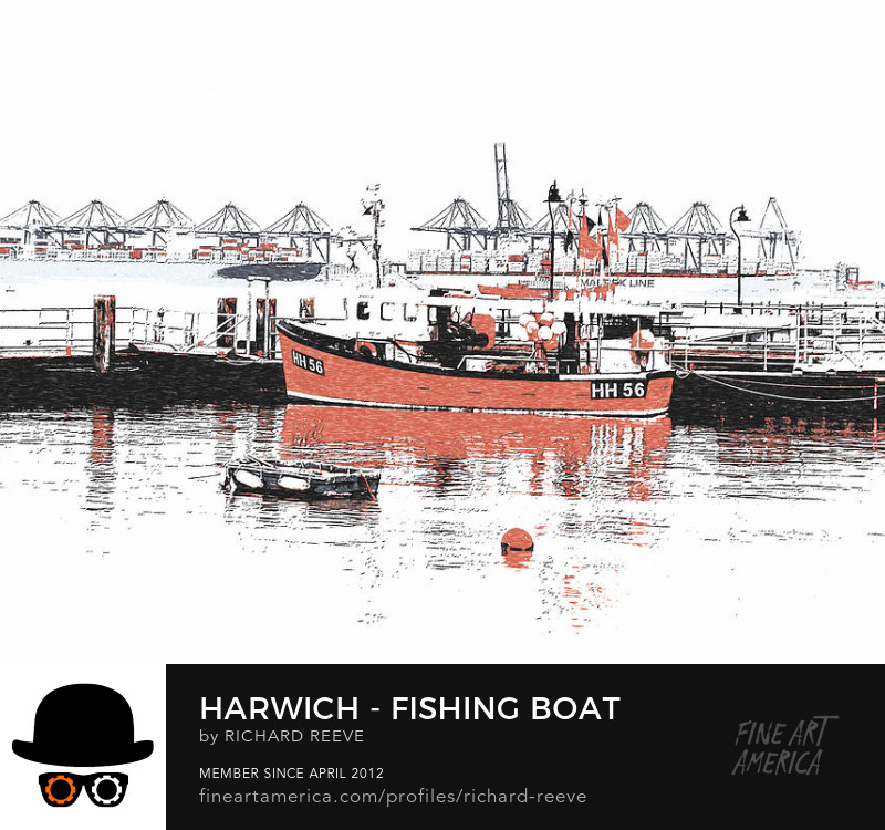 Pen and ink effect image of fishing boat in port at Harwich, Essex with dock cranes in background