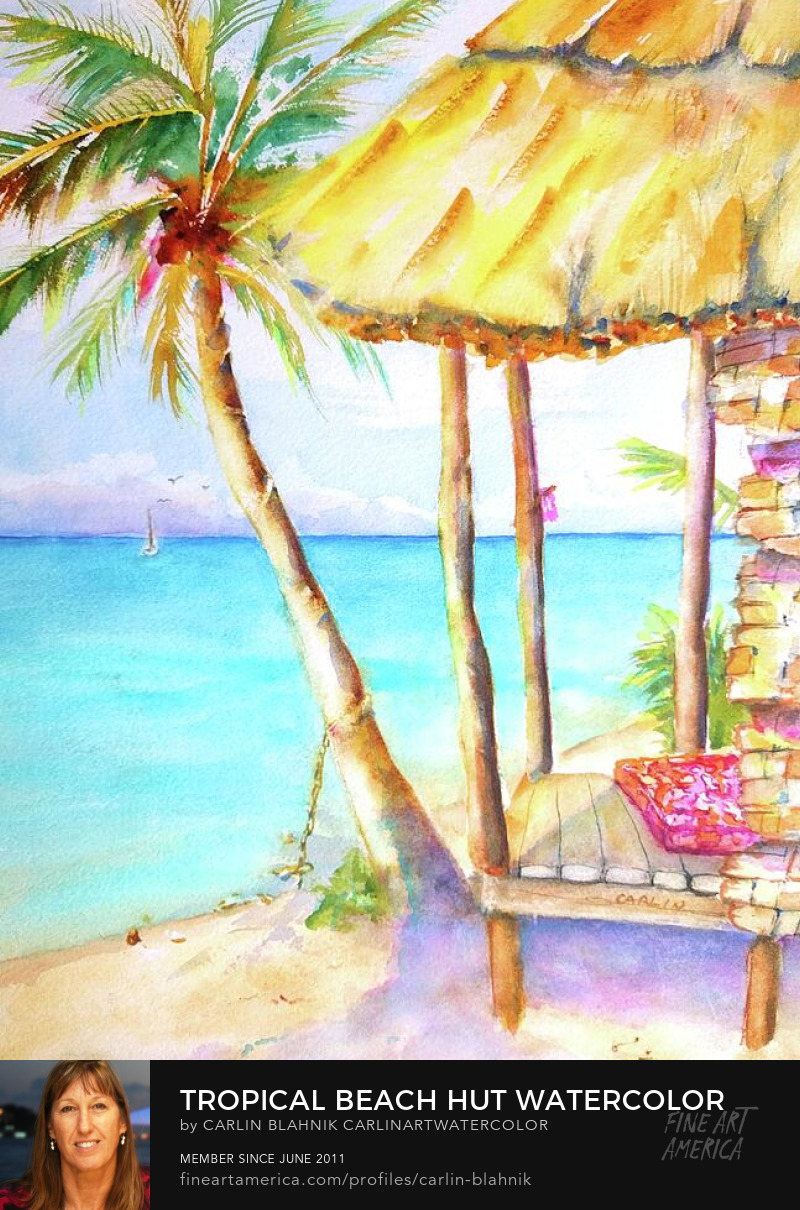 Tropical Beach Hut Watercolor Art Prints by Carlin Blahnik