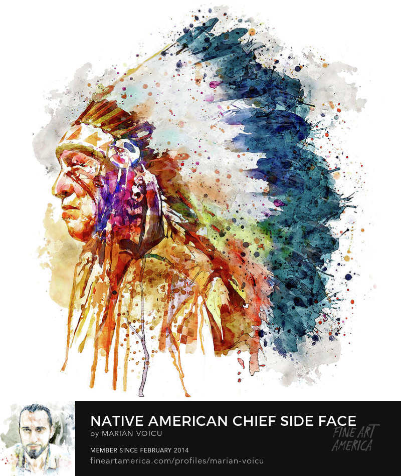 Watercolor profile portrait of a Native American chief