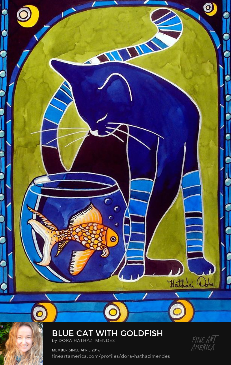 Blue Cat with Goldfish painting art prints by Dora Hathazi Mendes