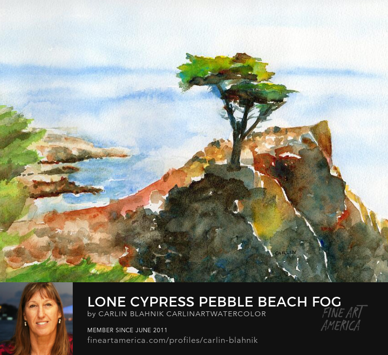 Lone Cypress California Coast Watercolor Painting Print by Carlin Blahnik