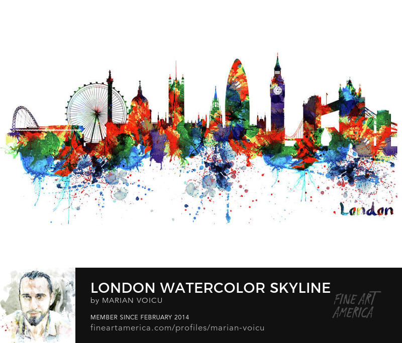 Colorful watercolor skyline silhouette of London Art for sale