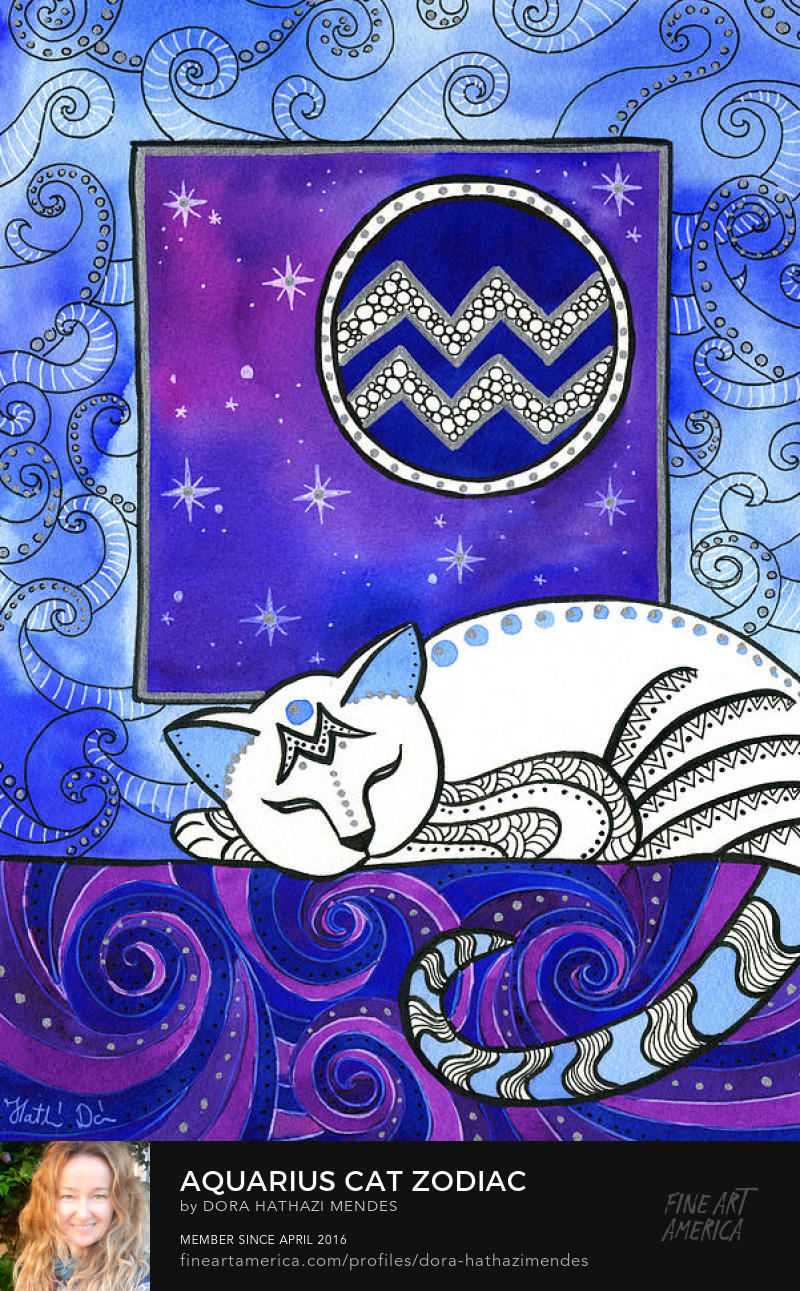 Aquarius Cat Zodiac painting by Dora Hathazi Mendes art Prints