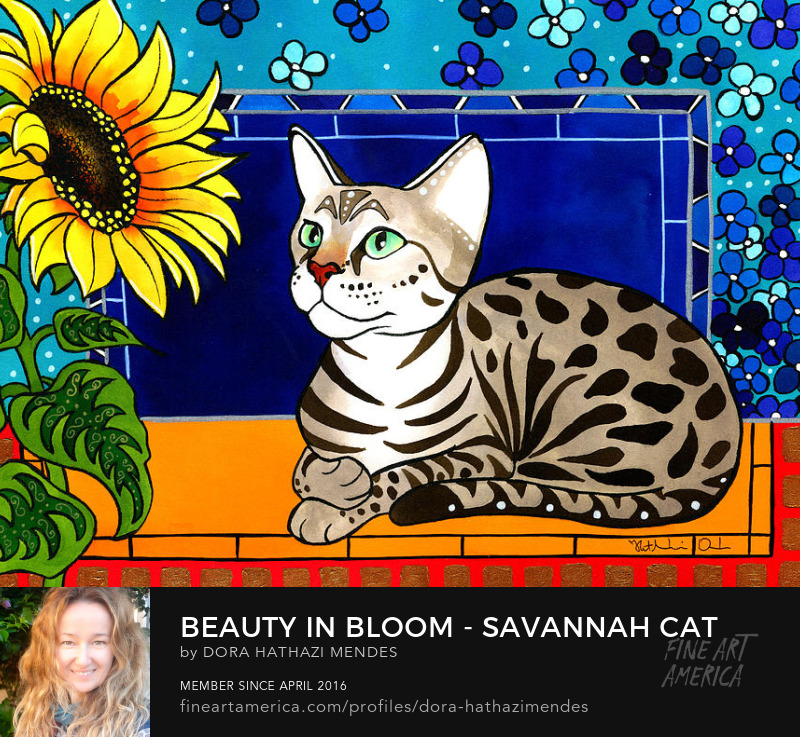 Beauty in Bloom Savannah Cat Painting with Sunflower by Dora Hathazi Mendes Canvas Art