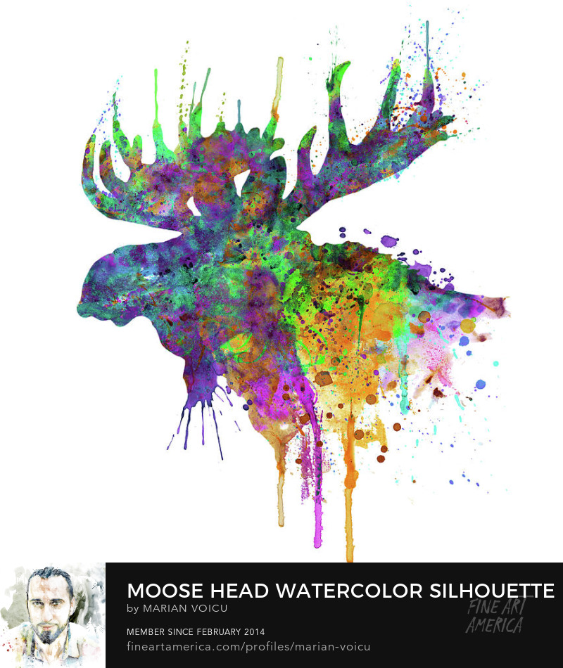 Watercolor painting of a colorful moose head silhouette