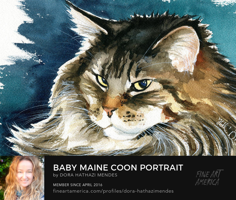 Maine Coon Portrait cat painting by Dora Hathazi Mendes Art Prints