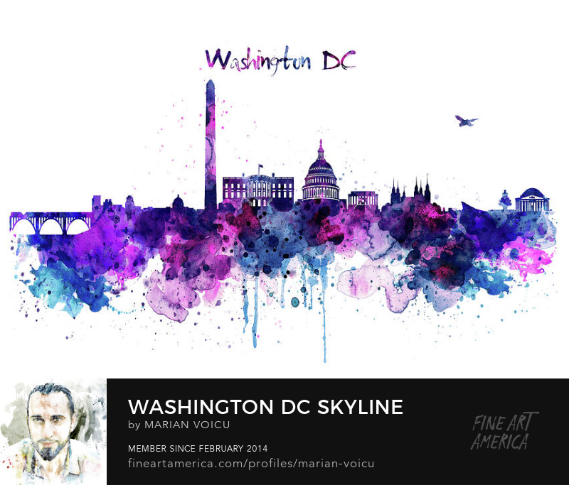 Watercolor painting of Washington DC skyline silhouette in purple and blue