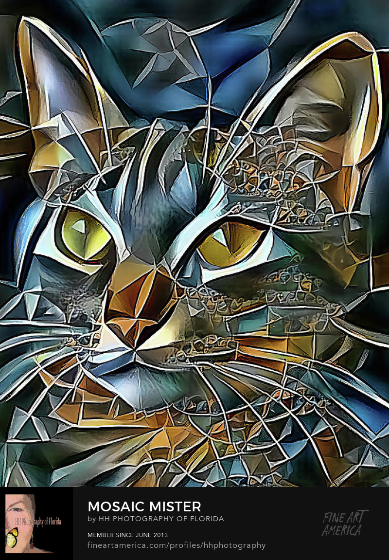 digitally altered photograph of cat portrait in mosaic pattern cool blues and warm browns