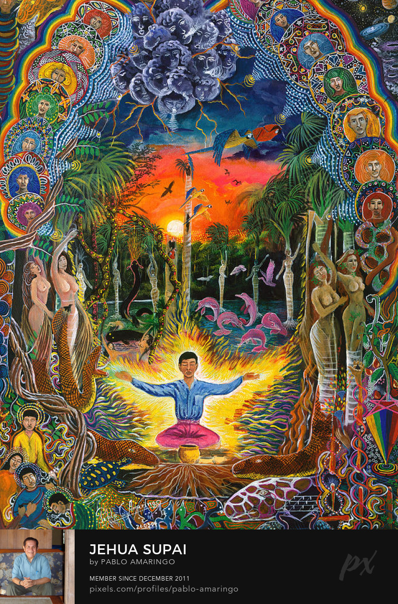 Pintura de Pablo Amaringo retratando um ritual na floresta