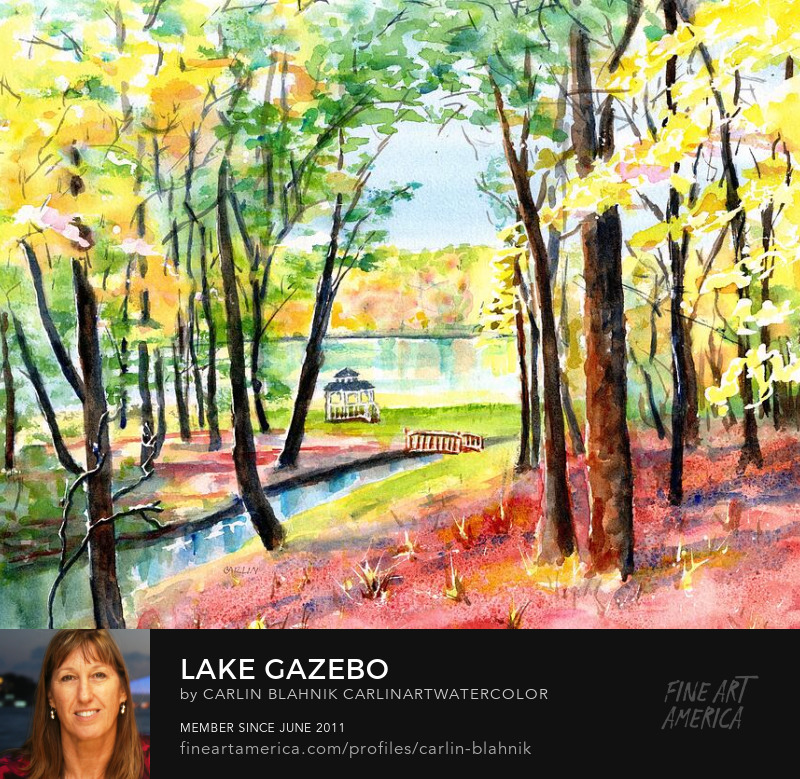 Lake Gazebo Watercolor Painting Print by Carlin Blahnik