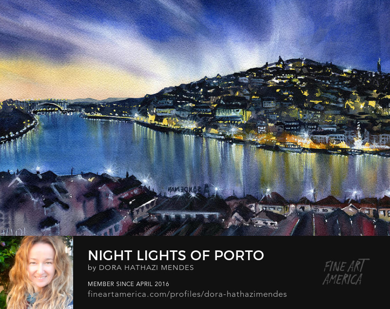 Night Lights of Porto painting Portugal Art prints by Dora Hathazi Mendes