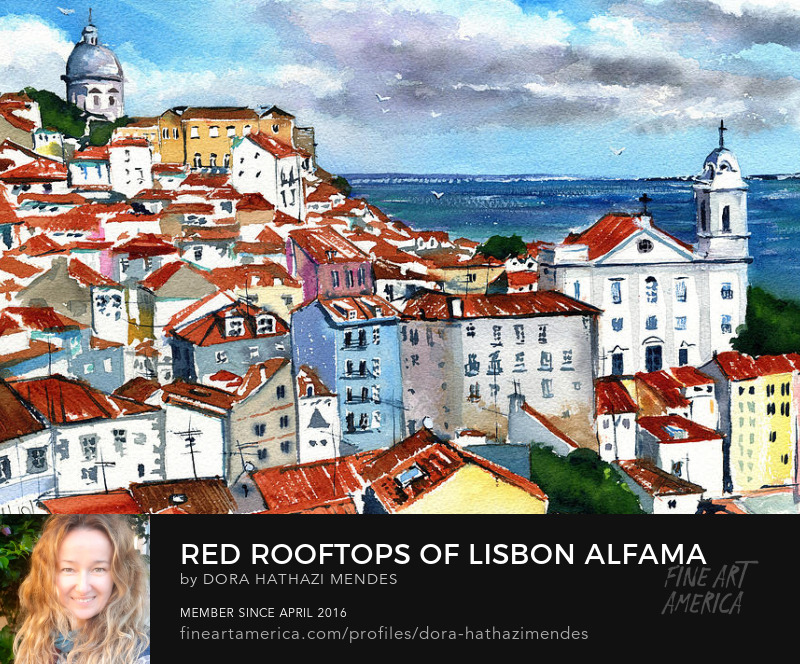 Red Rooftops of Lisbon Alfama Portugal painting dora Hathazi Mendes Wall Art