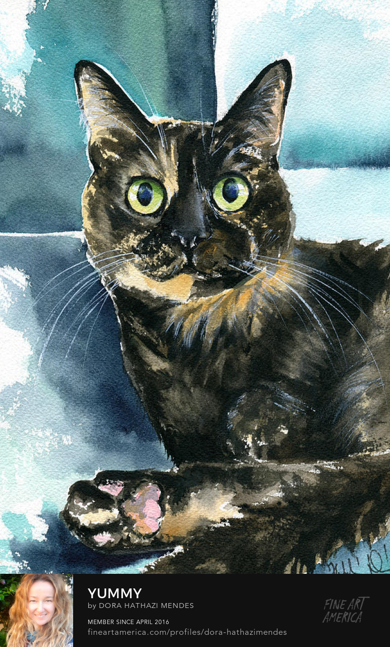 Yummy Tortoiseshell watercolor cat painting by Dora Hathazi Mendes Canvas Art