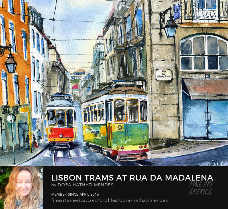 Lisbon Trams at Rua Da Madalena painting by Dora Hathazi Mendes Wall Art
