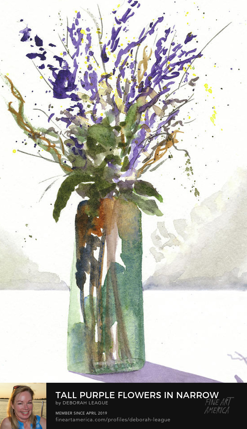 Watercolor painting tall green flowers in narrow green vase by Deborah League