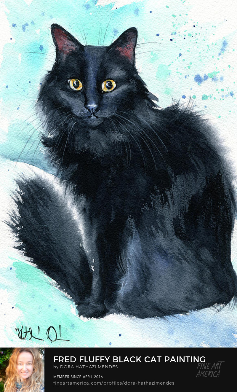 Fred Fluffy Black Cat Painting original handmade watercolor by Dora Hathazi Mendes art prints