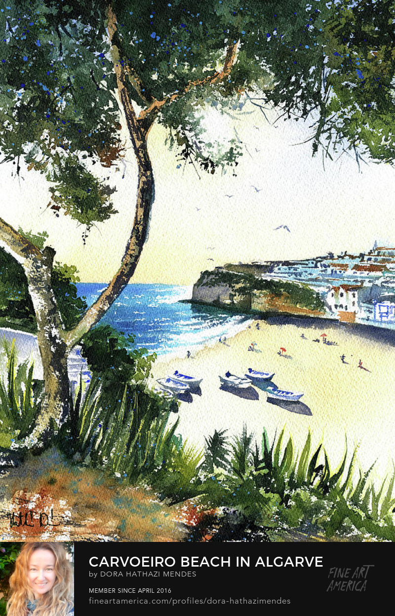 painting titled Carvoeiro Beach in Algarve Portugal original handmade watercolor by Dora Hathazi Mendes Wall Art