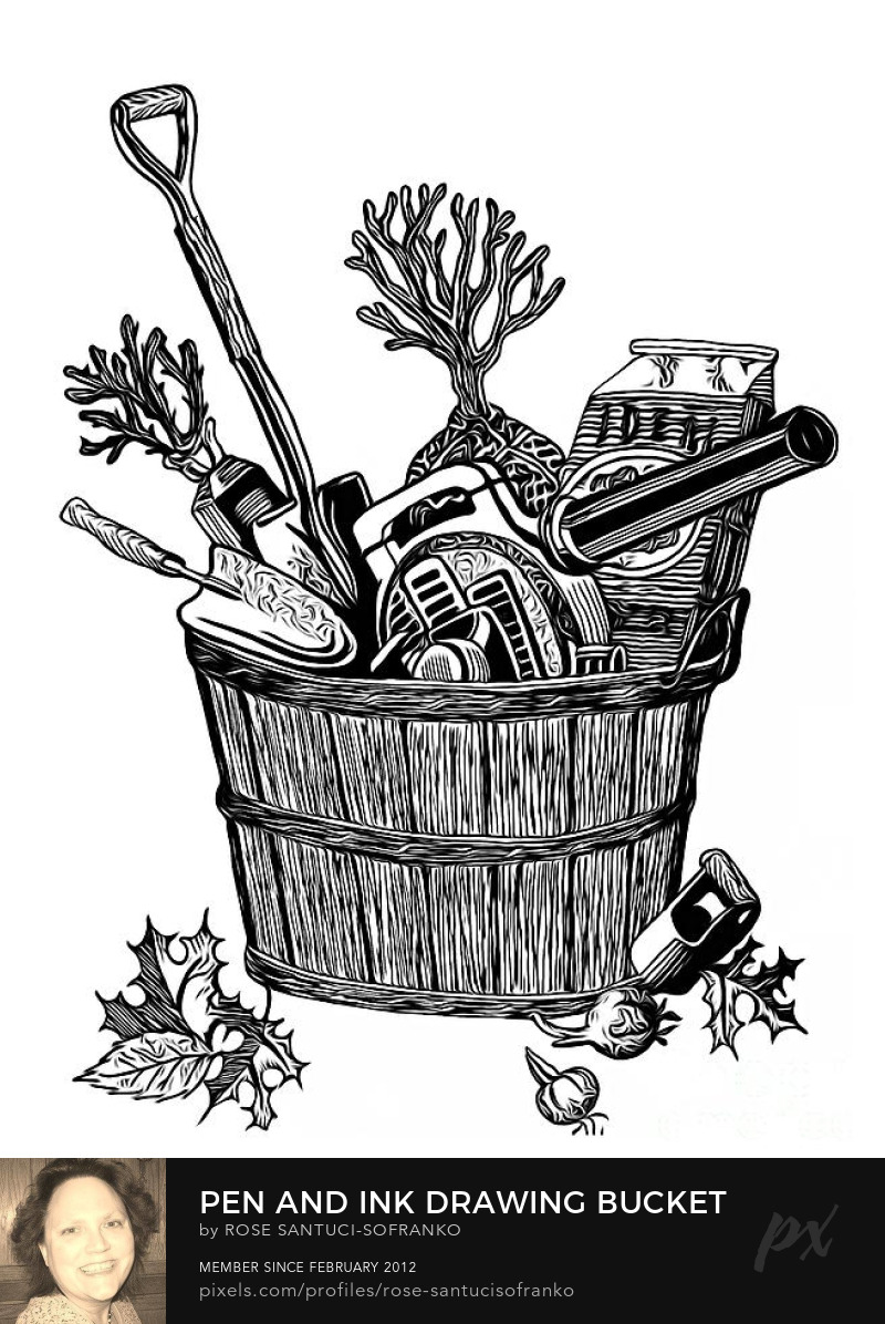 Pen And Ink Drawing Bucket of Gardening Supplies Expressionistic Effect title=