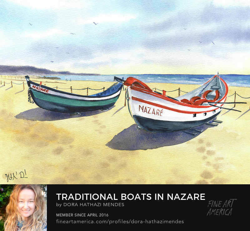 Traditional Boats in Nazare Portugal painting by Dora Hathazi Mendes art prints