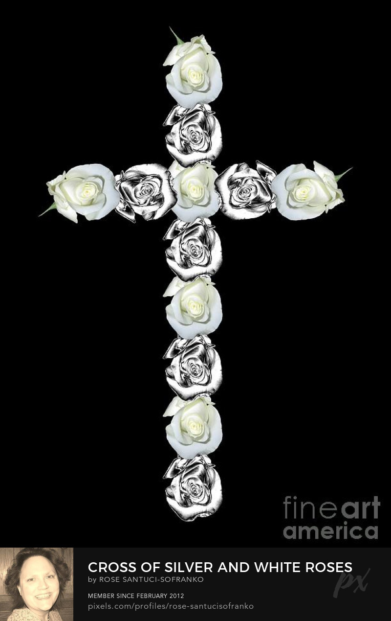 Cross of silver and white roses Art Prints