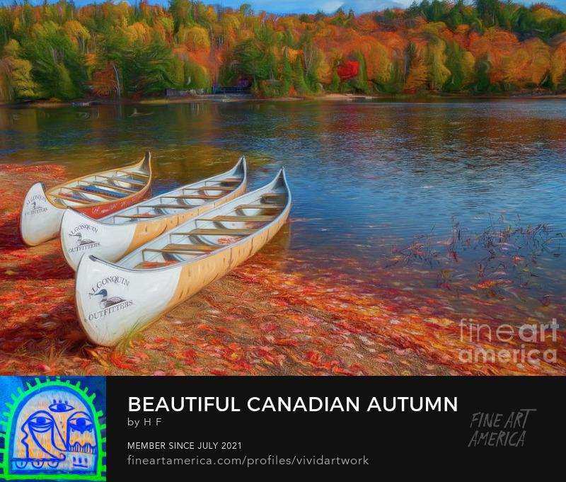 Sell Art Online - Boats on the lake in the autumn forest. Beautiful Canadian autumn in Algonquin National Park, Ontario, Canada
