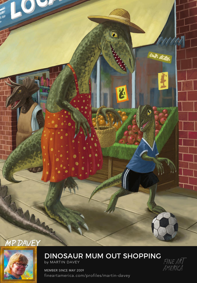dinosaur mum and son shopping illustration