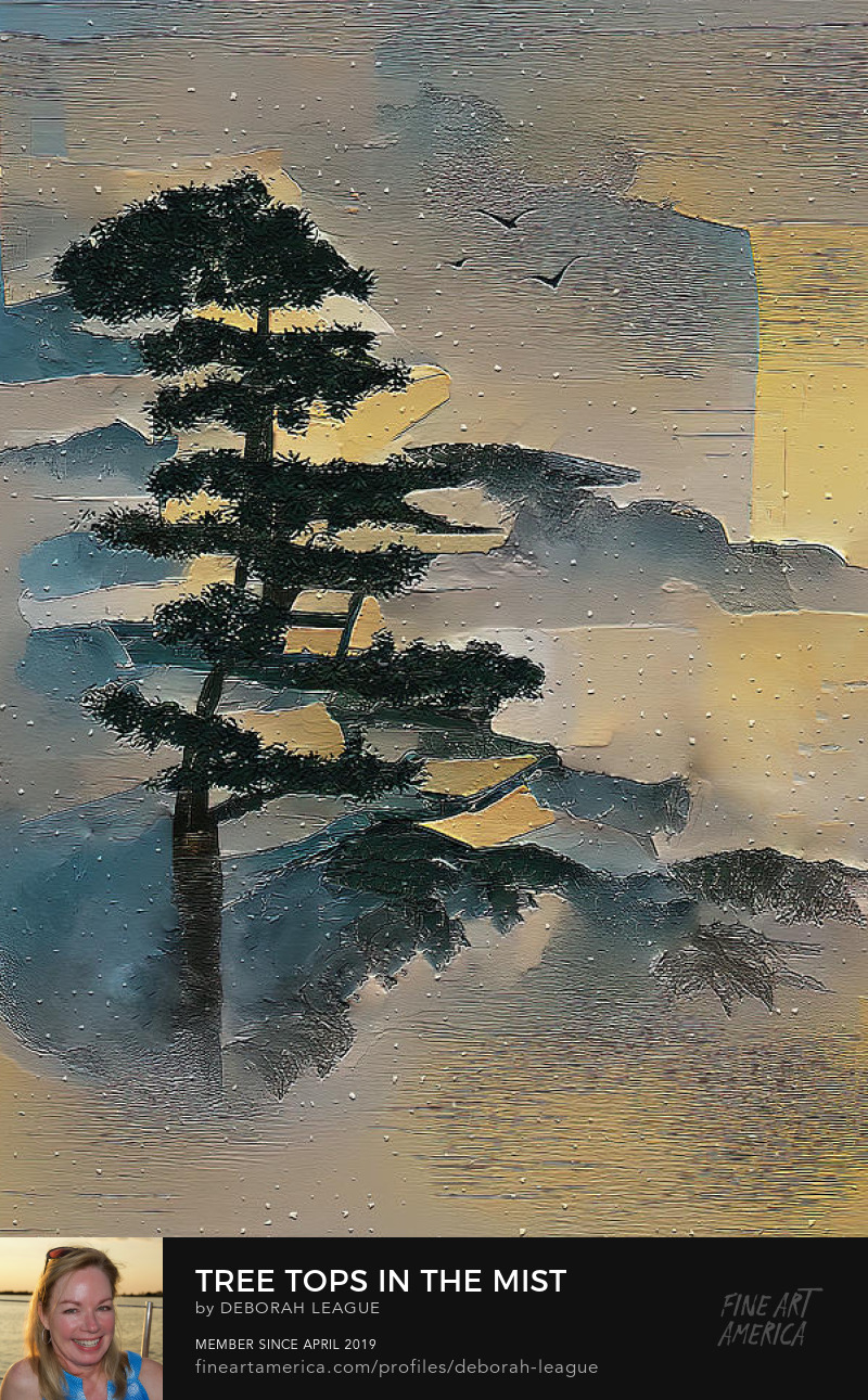 Digital Painting Tree tops mist mountains birds asian inspired by Deborah League