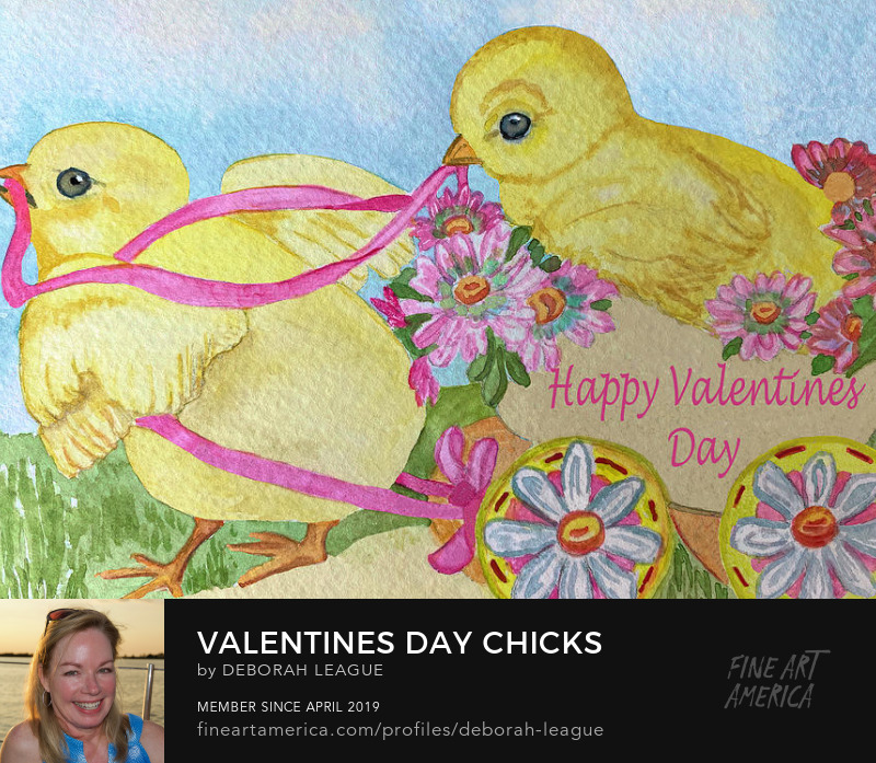 watercolor painting Valentines greeting yellow chicks cart by Deborah League