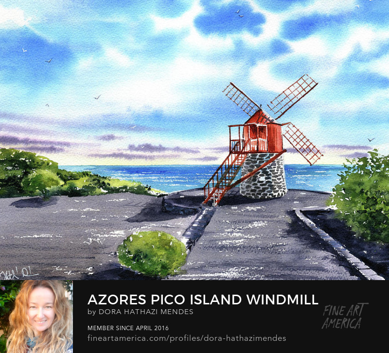Azores Pico Island Windmill original handmade watercolor painting by Dora Hathazi Mendes Canvas Art