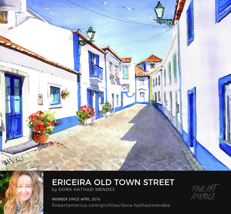 Ericeira Old Town Street in Portugal Painting by Dora Hathazi Mendes Wall Art
