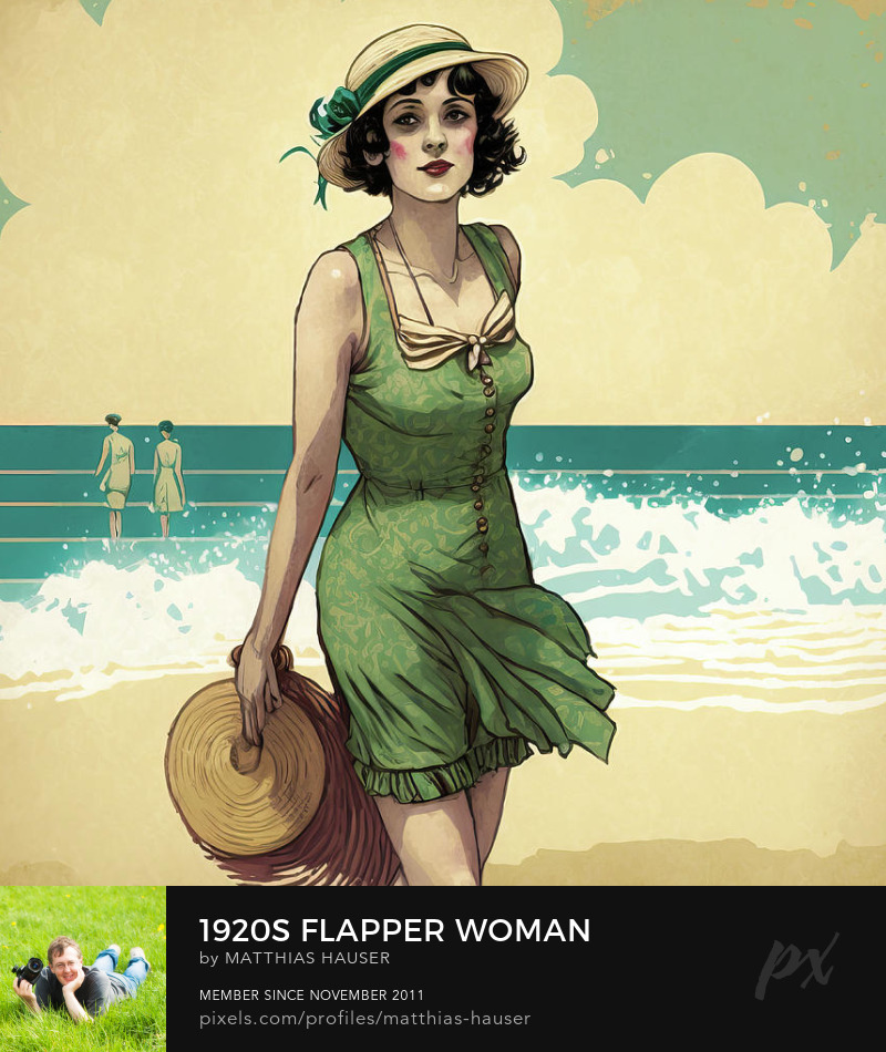 Flapper visiting the Beach Vintage Art Print