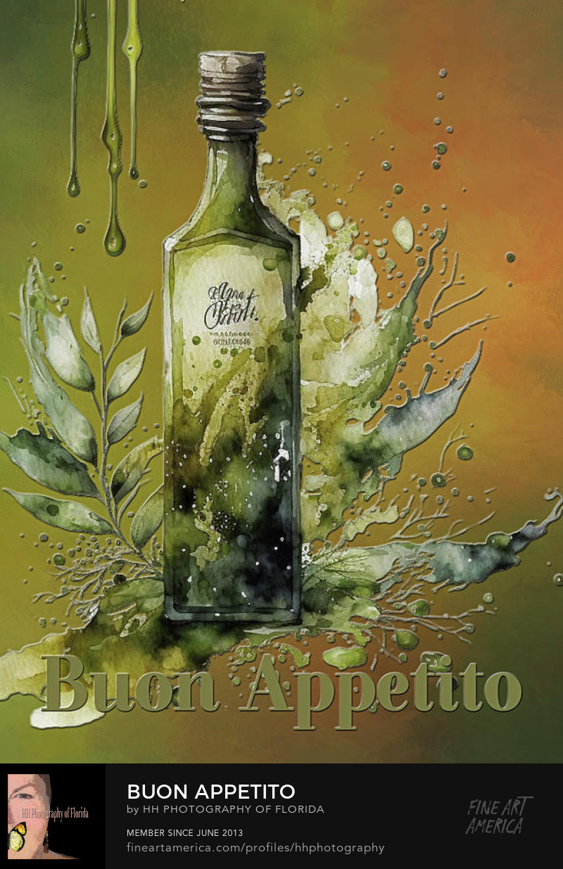a bottle of olives with white flower and olive tree leaves with words buon appetito on green and rust background