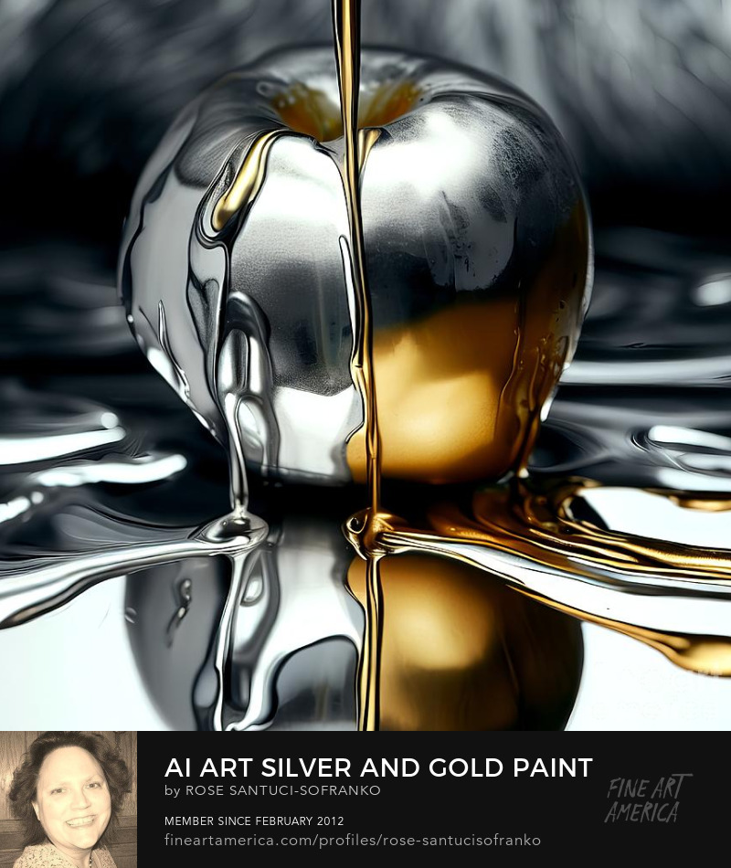 AI Art Silver and Gold Paint Poured over an Apple on a Mirror Art Prints